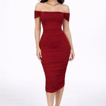 Kadın Madonna Yaka Drapeli Midi Elbise Likralı Vücuda Oturan Davet Elbisesi - Bordo