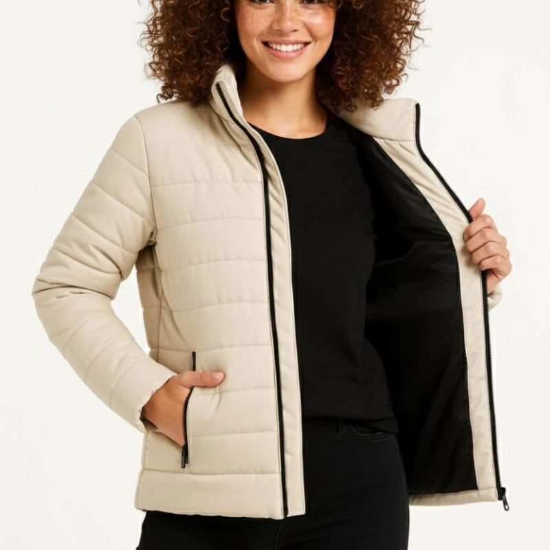 Kadın Mikro Su İtici Kapitone Baskılı Astarlı Fermuarlı Bomber Mont - Bej