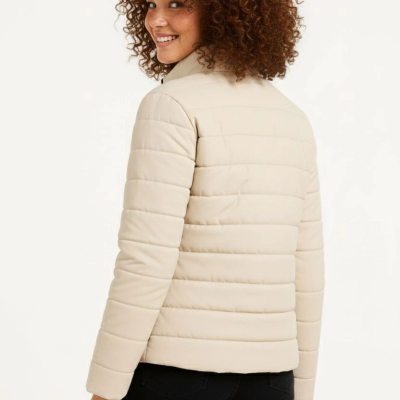 Kadın Mikro Su İtici Kapitone Baskılı Astarlı Fermuarlı Bomber Mont - Bej