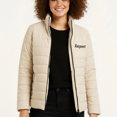 Kadın Mikro Su İtici Kapitone Baskılı Astarlı Fermuarlı Bomber Mont - Bej