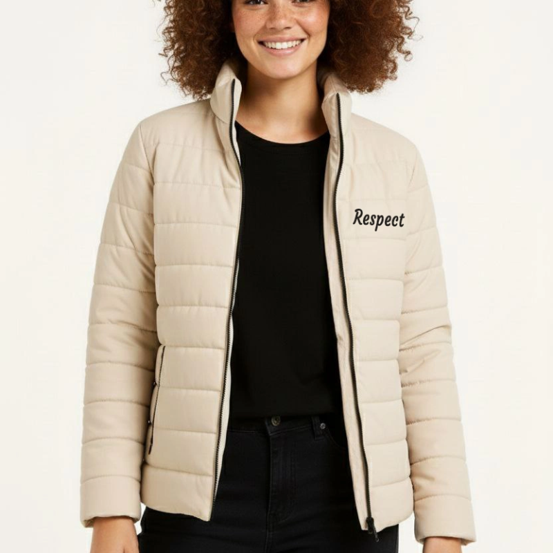 Kadın Mikro Su İtici Kapitone Baskılı Astarlı Fermuarlı Bomber Mont - Bej