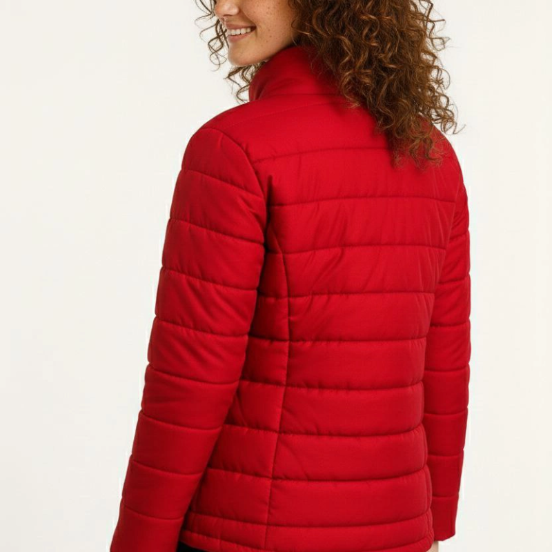 Kadın Mikro Su İtici Kapitone Baskılı Astarlı Fermuarlı Bomber Mont - Kırmızı