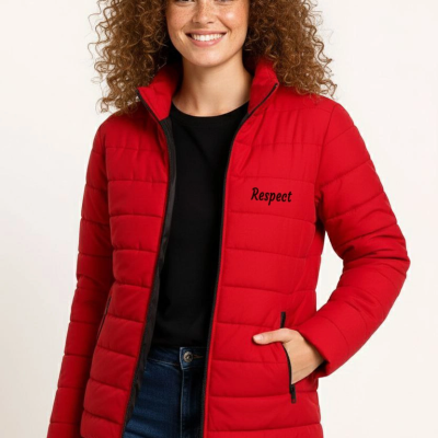 Kadın Mikro Su İtici Kapitone Baskılı Astarlı Fermuarlı Bomber Mont - Kırmızı