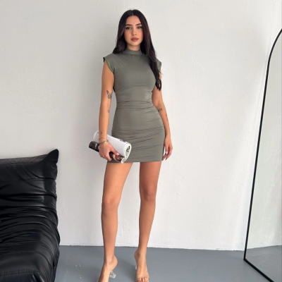 Kadın Mini Elbise Yarım Balıkçı Yaka Vücuda Oturan Şık Günlük Elbise - Mint Yeşili