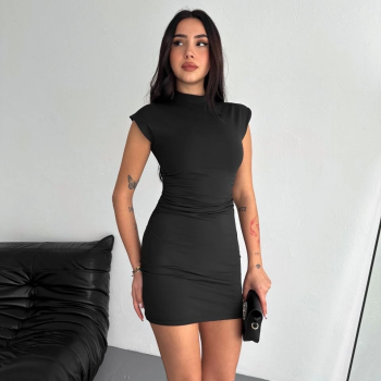 Kadın Mini Elbise Yarım Balıkçı Yaka Vücuda Oturan Şık Günlük Elbise - Siyah
