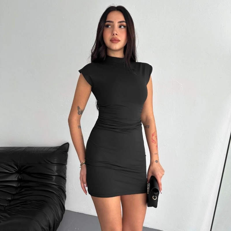 Kadın Mini Elbise Yarım Balıkçı Yaka Vücuda Oturan Şık Günlük Elbise - Siyah