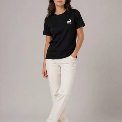 Kadın Minimal Geyik Logolu Tişört Bisiklet Yaka Kısa kol Yazlık T-Shirt - Siyah