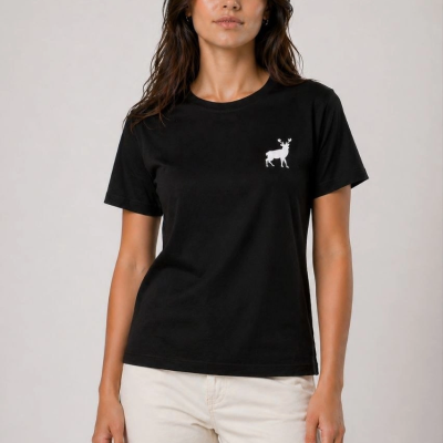 Kadın Minimal Geyik Logolu Tişört Bisiklet Yaka Kısa kol Yazlık T-Shirt - Siyah