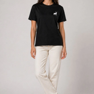 Kadın Minimal Geyik Logolu Tişört Bisiklet Yaka Kısa kol Yazlık T-Shirt - Siyah