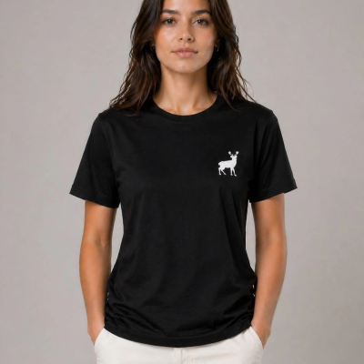 Kadın Minimal Geyik Logolu Tişört Bisiklet Yaka Kısa kol Yazlık T-Shirt - Siyah