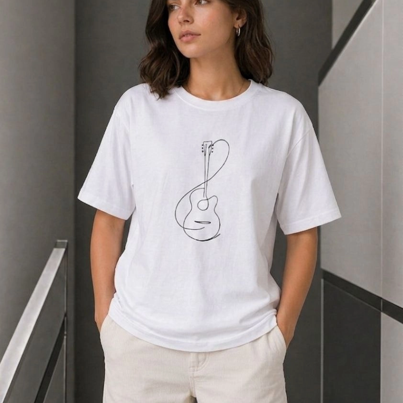 Kadın Minimal Gitar Baskılı Tişört T-Shirt Yazlık Kısa Kol Bisiklet Yaka T-Shirt  - Beyaz