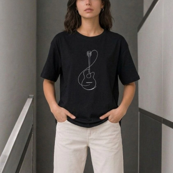 Kadın Minimal Gitar Baskılı Tişört T-Shirt Yazlık Kısa Kol Bisiklet Yaka T-Shirt - Siyah Kadın Minimal Gitar Baskılı Tişört T-Shirt Yazlık Kısa Kol Bisiklet Yaka T-Shirt - Siyah