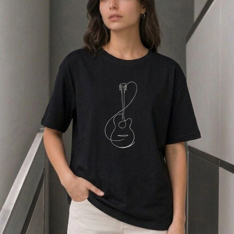 Kadın Minimal Gitar Baskılı Tişört T-Shirt Yazlık Kısa Kol Bisiklet Yaka T-Shirt - Siyah
