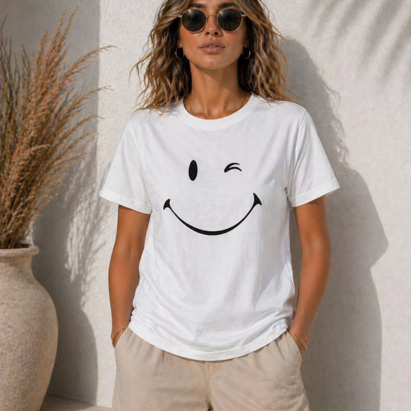 Kadın Minimal Gülümseyen Yüz Baskılı Tişört Kısa Kol Yazlık T-Shirt - Beyaz