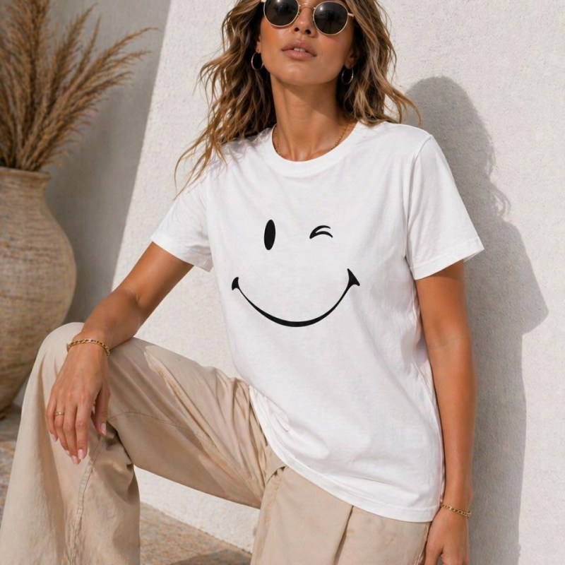 Kadın Minimal Gülümseyen Yüz Baskılı Tişört Kısa Kol Yazlık T-Shirt - Beyaz