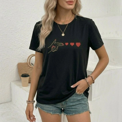 Kadın Minimal Kalp İşaret Baskılı Tişört Kısa Kol Yazlık T-Shirt - Siyah