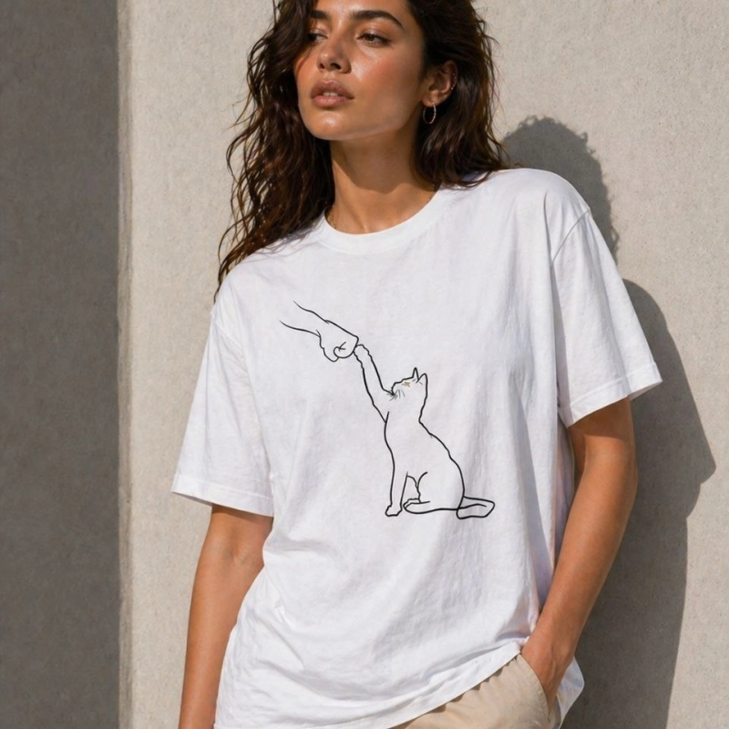 Kadın Minimal Kedi Çizim Baskılı Tişört Kısa Kol Yazlık T-Shirt - Beyaz