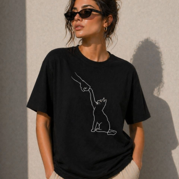 Kadın Minimal Kedi Çizim Baskılı Tişört Kısa Kol Yazlık T-Shirt - Siyah Kadın Minimal Kedi Çizim Baskılı Tişört Kısa Kol Yazlık T-Shirt - Siyah