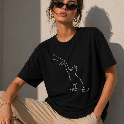 Kadın Minimal Kedi Çizim Baskılı Tişört Kısa Kol Yazlık T-Shirt - Siyah