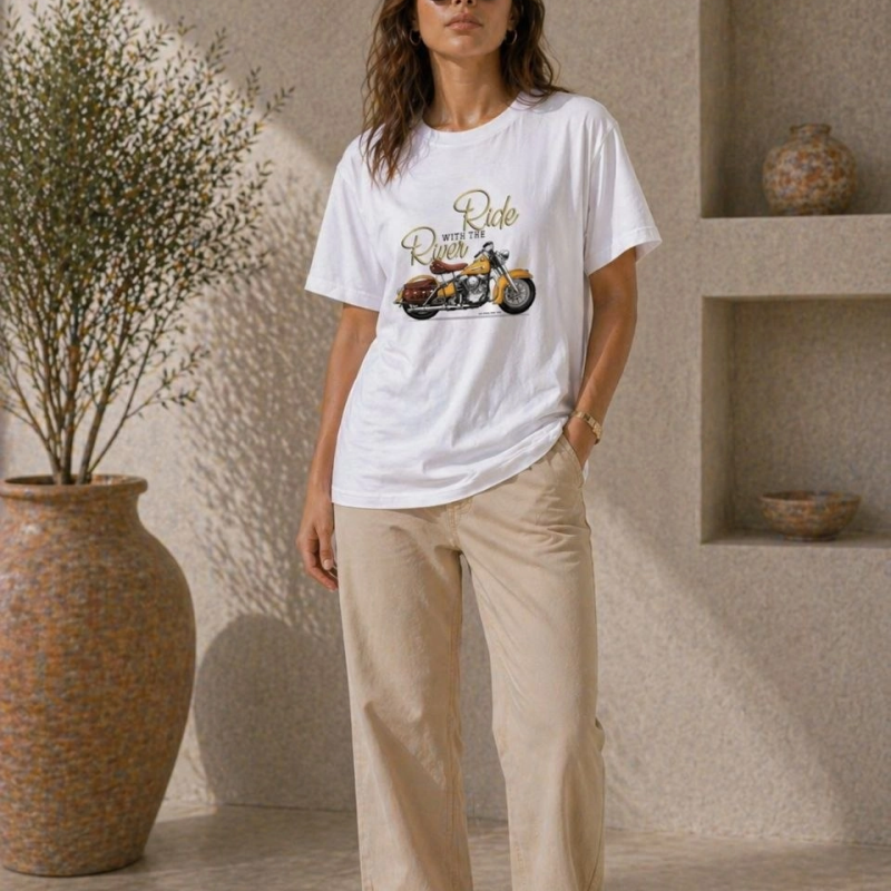 Kadın Motosiklet Baskılı Tişört Bisiklet Yaka Kısa Kol Yazlık T-Shirt - Beyaz