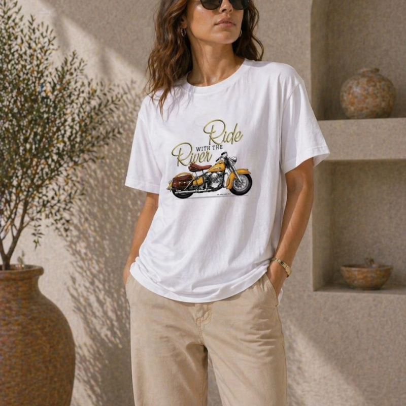 Kadın Motosiklet Baskılı Tişört Bisiklet Yaka Kısa Kol Yazlık T-Shirt - Beyaz