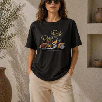 Kadın Motosiklet Baskılı Tişört Bisiklet Yaka Kısa Kol Yazlık T-Shirt - Siyah Kadın Motosiklet Baskılı Tişört Bisiklet Yaka Kısa Kol Yazlık T-Shirt - Siyah