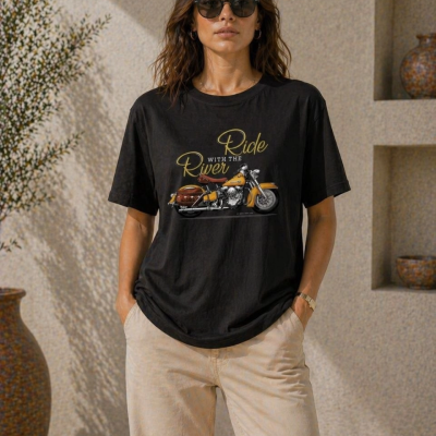 Kadın Motosiklet Baskılı Tişört Bisiklet Yaka Kısa Kol Yazlık T-Shirt - Siyah