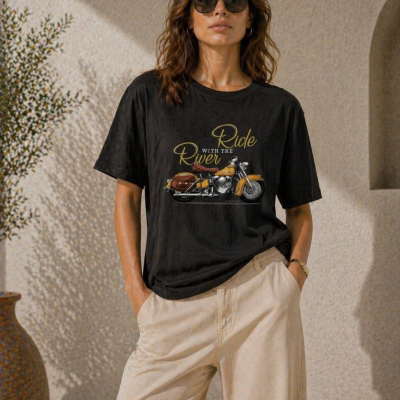 Kadın Motosiklet Baskılı Tişört Bisiklet Yaka Kısa Kol Yazlık T-Shirt - Siyah
