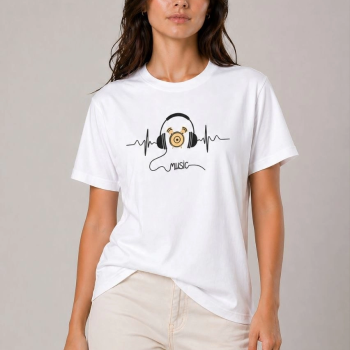 Kadın Müzik Temalı Baskılı Tişört Bisiklet Yaka Kısa Kol T-Shirt - Beyaz Kadın Müzik Temalı Baskılı Tişört Bisiklet Yaka Kısa Kol T-Shirt - Beyaz