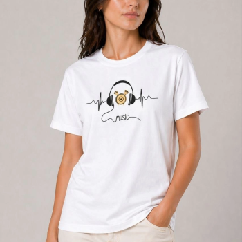 Kadın Müzik Temalı Baskılı Tişört Bisiklet Yaka Kısa Kol T-Shirt - Beyaz