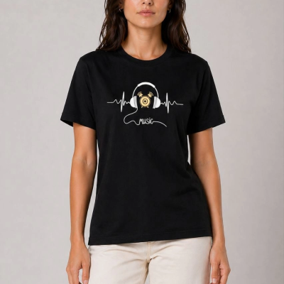 Kadın Müzik Temalı Baskılı Tişört Bisiklet Yaka Kısa Kol T-Shirt - Siyah