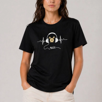 Kadın Müzik Temalı Baskılı Tişört Bisiklet Yaka Kısa Kol T-Shirt - Siyah
