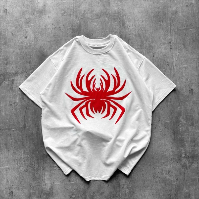 Kadın Örümcek Baskılı Tişört Kısa Kollu Bisiklet Yaka T-Shirt - Beyaz