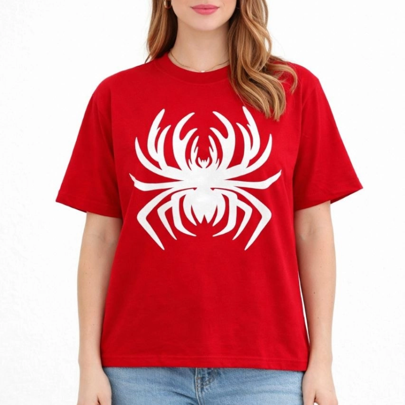 Kadın Örümcek Baskılı Tişört Kısa Kollu Bisiklet Yaka T-Shirt - Kırmızı