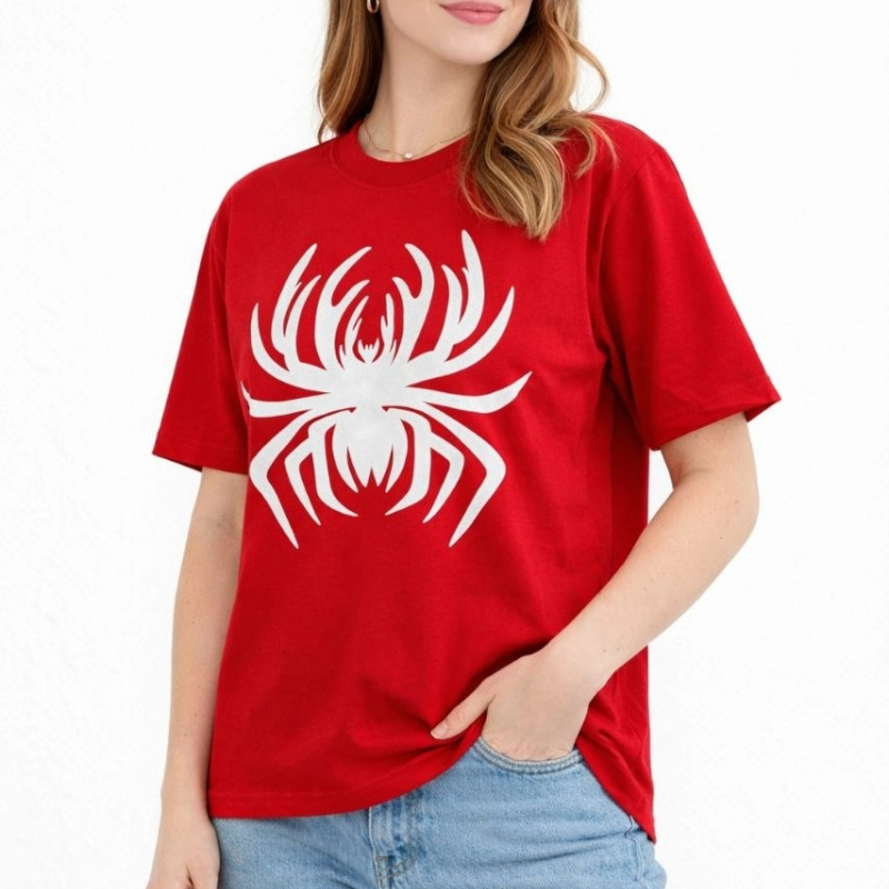 Kadın Örümcek Baskılı Tişört Kısa Kollu Bisiklet Yaka T-Shirt - Kırmızı