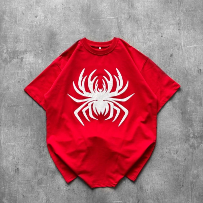 Kadın Örümcek Baskılı Tişört Kısa Kollu Bisiklet Yaka T-Shirt - Kırmızı