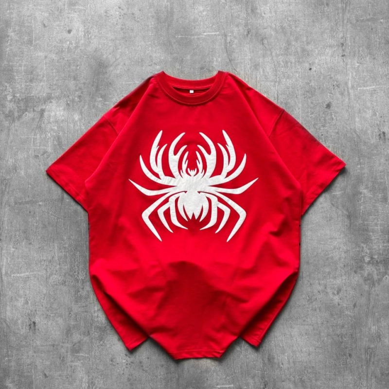 Kadın Örümcek Baskılı Tişört Kısa Kollu Bisiklet Yaka T-Shirt - Kırmızı