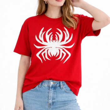 Kadın Örümcek Baskılı Tişört Kısa Kollu Bisiklet Yaka T-Shirt - Kırmızı