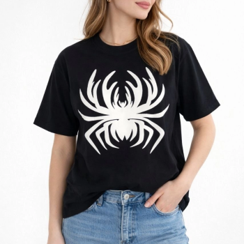 Kadın Örümcek Baskılı Tişört Kısa Kollu Bisiklet Yaka T-Shirt - Siyah Kadın Örümcek Baskılı Tişört Kısa Kollu Bisiklet Yaka T-Shirt - Siyah