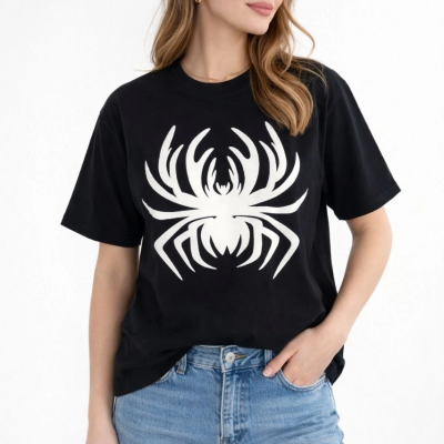 Kadın Örümcek Baskılı Tişört Kısa Kollu Bisiklet Yaka T-Shirt - Siyah