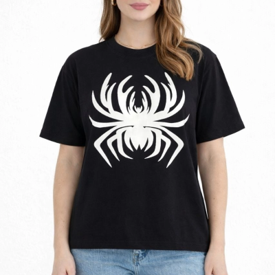 Kadın Örümcek Baskılı Tişört Kısa Kollu Bisiklet Yaka T-Shirt - Siyah