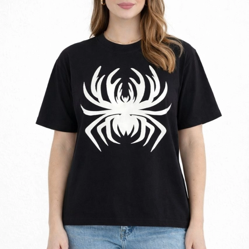 Kadın Örümcek Baskılı Tişört Kısa Kollu Bisiklet Yaka T-Shirt - Siyah