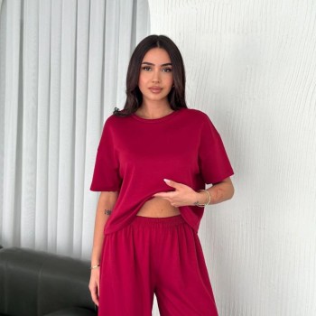 Kadın Osy Modal Yumuşak Dokulu Kumaş Bisiklet Yaka T-shirt Bol paça Pantolon ikili Takım -Bordo