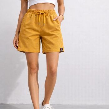 Kadın otoban Dokuma Kumaş Beli Lastikli, Cepli, Yazlık Şort - Hardal