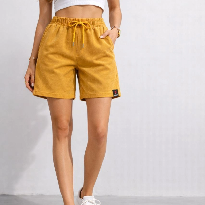 Kadın otoban Dokuma Kumaş Beli Lastikli, Cepli, Yazlık Şort - Hardal