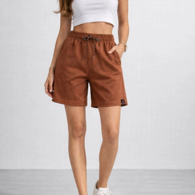 Kadın otoban Dokuma Kumaş Beli Lastikli, Cepli, Yazlık Şort - Kahverengi