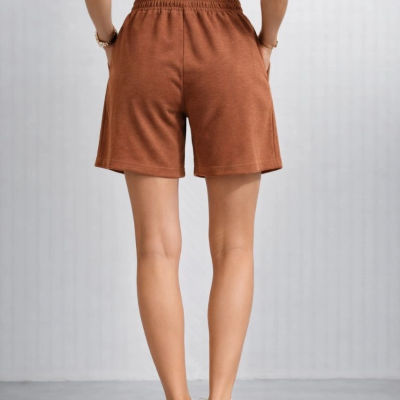 Kadın otoban Dokuma Kumaş Beli Lastikli, Cepli, Yazlık Şort - Kahverengi