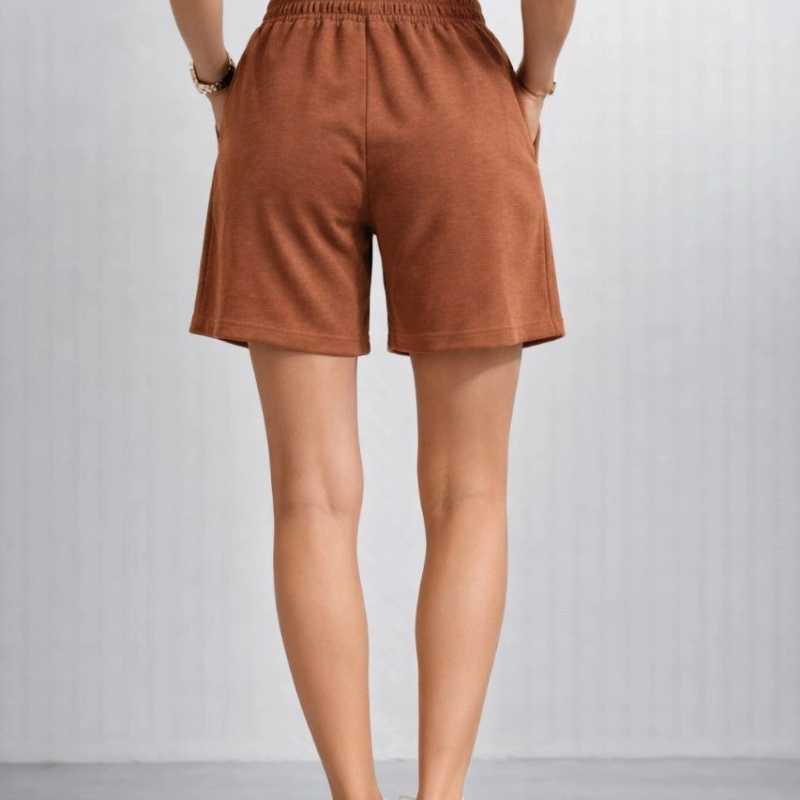 Kadın otoban Dokuma Kumaş Beli Lastikli, Cepli, Yazlık Şort - Kahverengi