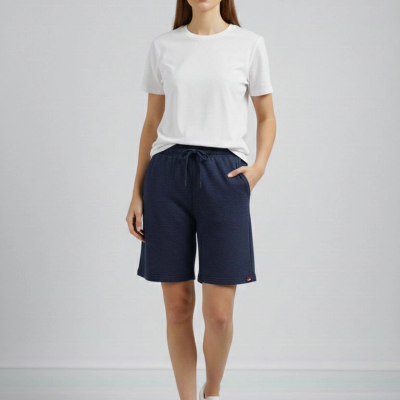 Kadın otoban Dokuma Kumaş Beli Lastikli, Cepli, Yazlık Şort - Lacivert