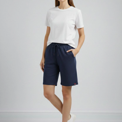 Kadın otoban Dokuma Kumaş Beli Lastikli, Cepli, Yazlık Şort - Lacivert